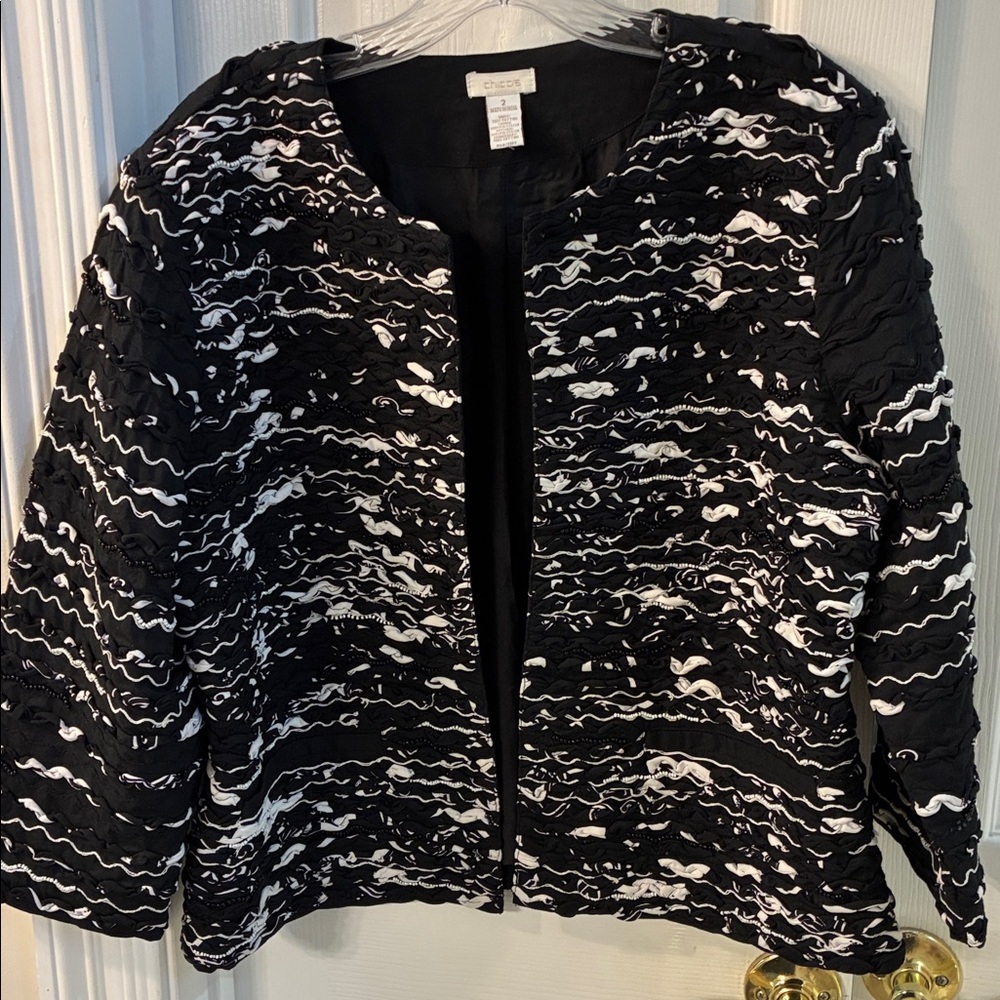 Chicos Black and White Beaded/Ribbon Open Front Jacket SZ 2/L